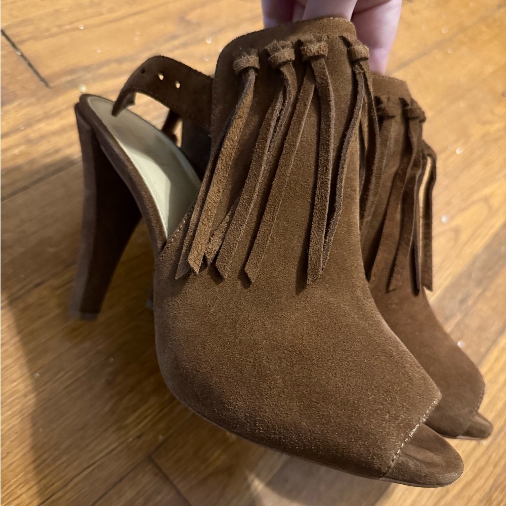 Michael Kors Brown Suede Fringe open toe sling back booties